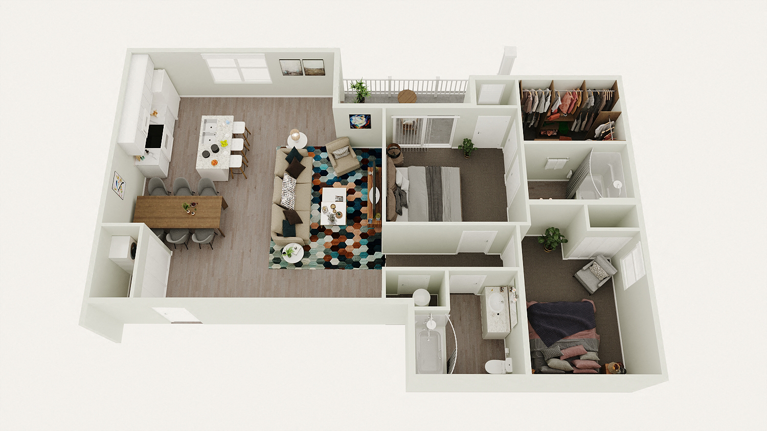Floor plan for 2 beds, 2 baths, 1047 sqft